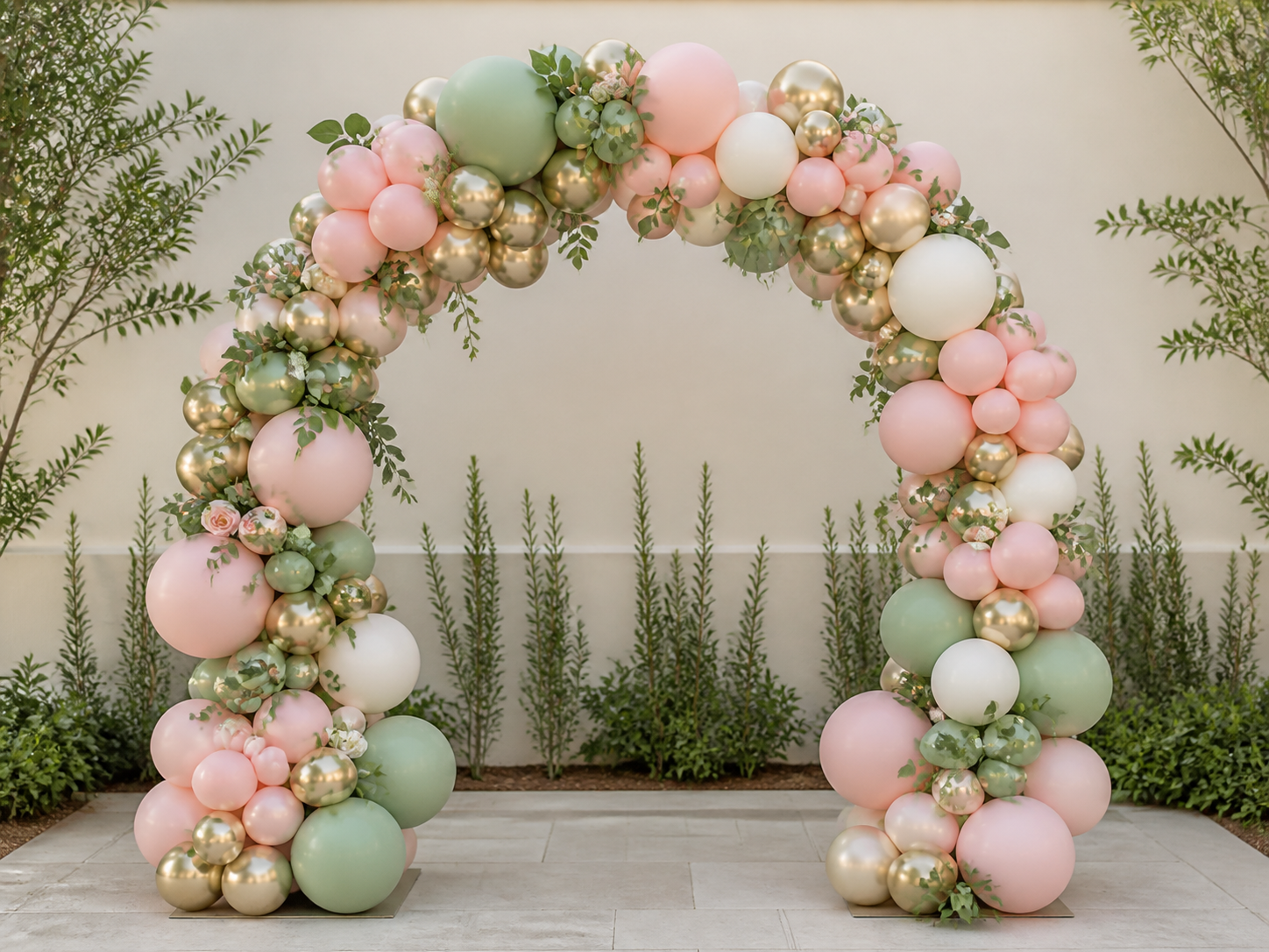 Blush, ivory, sage and gold organic freestanding balloon arch