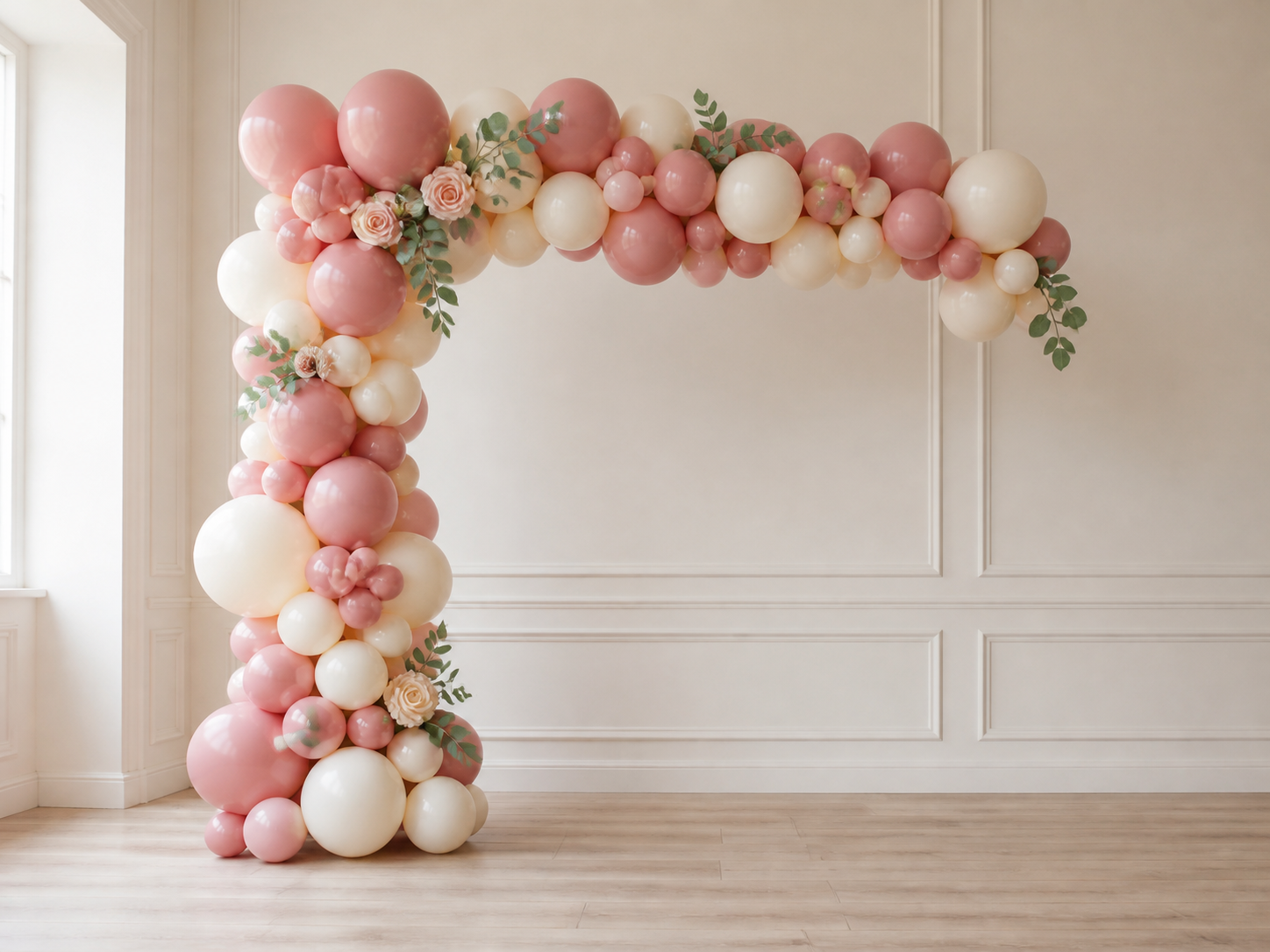 Dusty rose and ivory organic corner balloon arch with floral accents