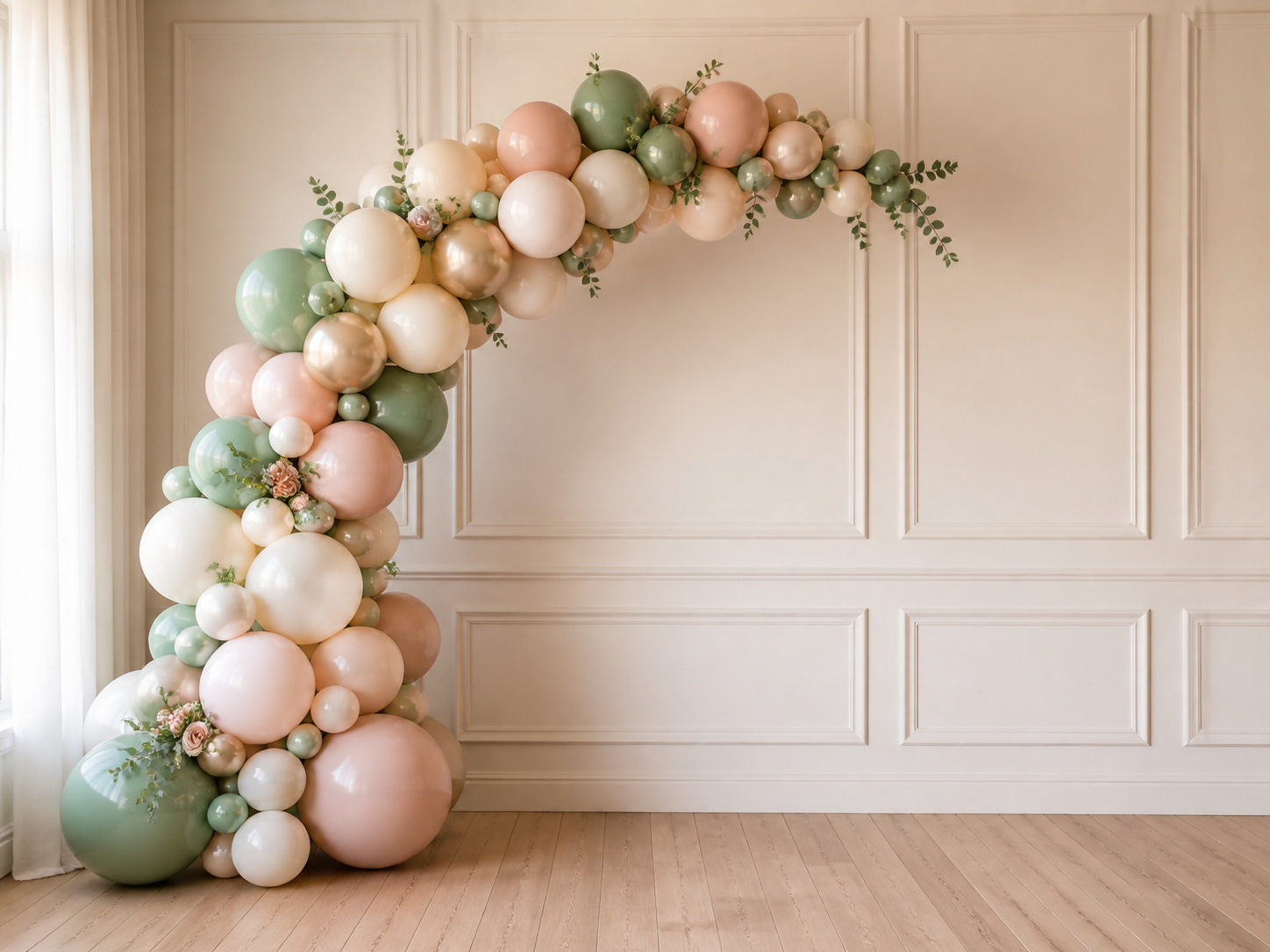Sage, blush, cream and light gold organic half balloon arch with floral accents